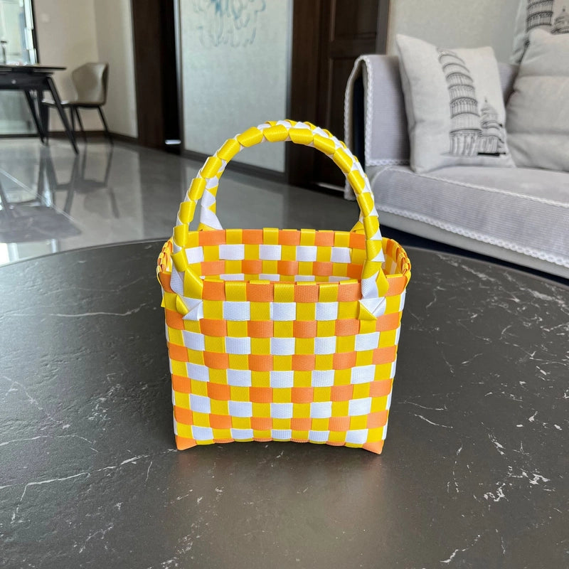 Women's PVC Color Block Plaid Vacation Weave Square Open Square Bag