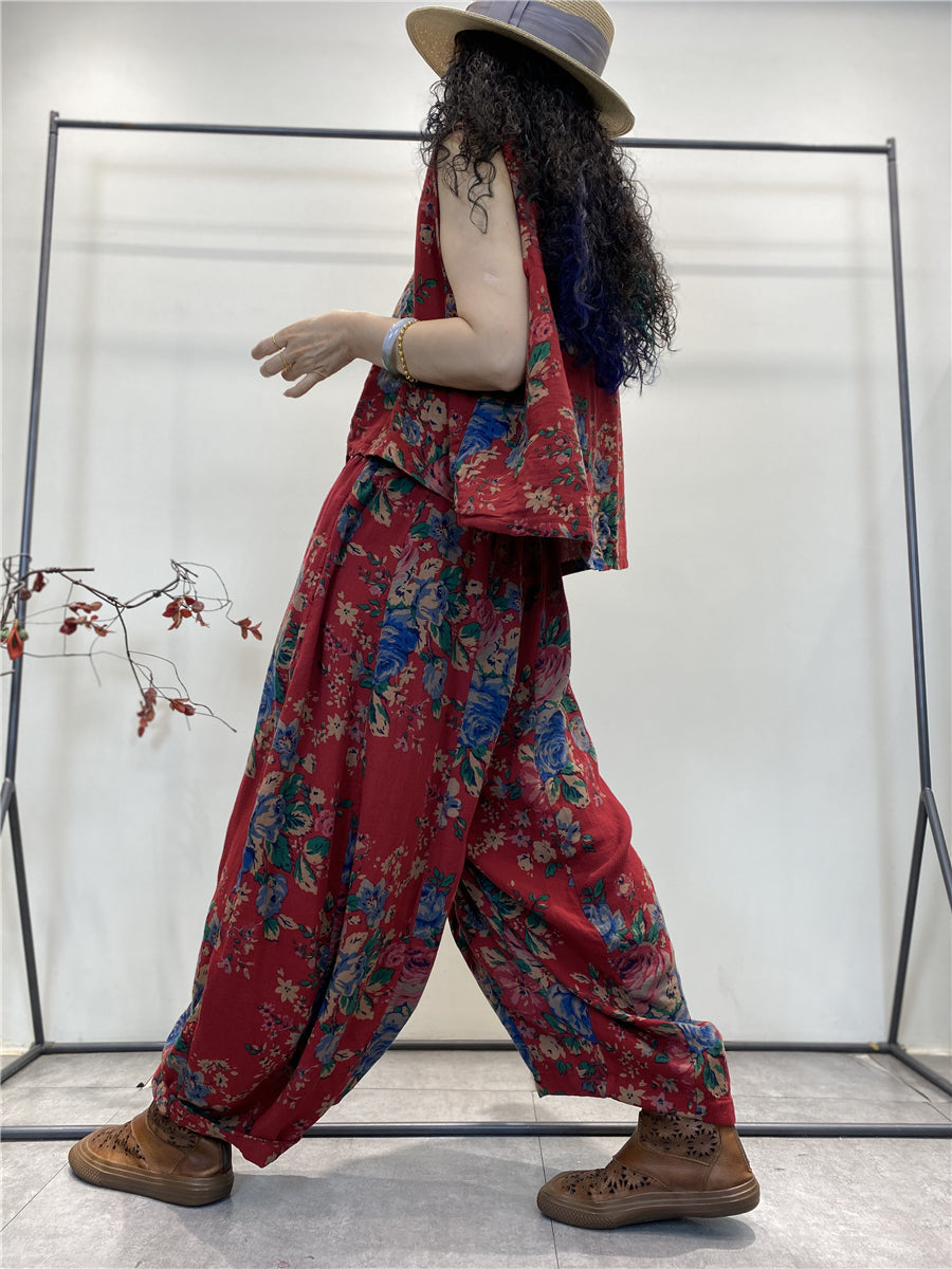 Plus Size Women Summer Vintage Floral Pocket Pants