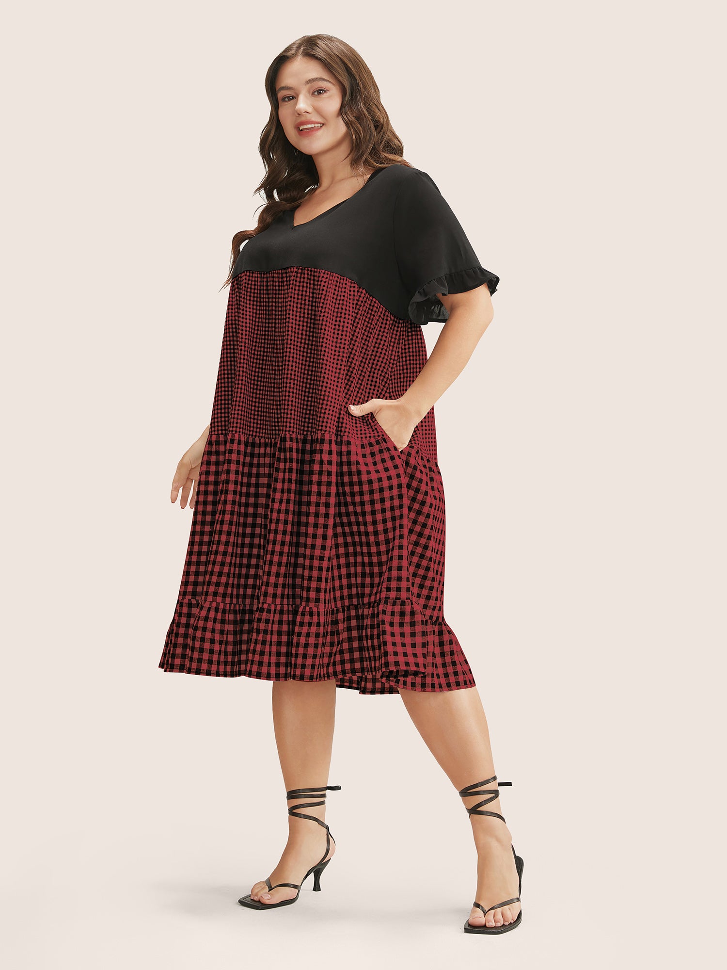 Gingham Patchwork V Neck Pocket Ruffles Dress