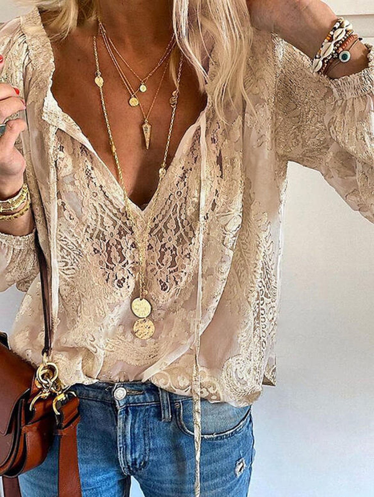 Casual Floral Lace V Neck Drawstring Long Sleeve Blouse