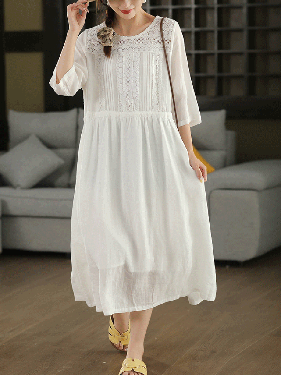 Women Summer Artsy Hook Flower Spliced V-Neck 100%Ramie Dress