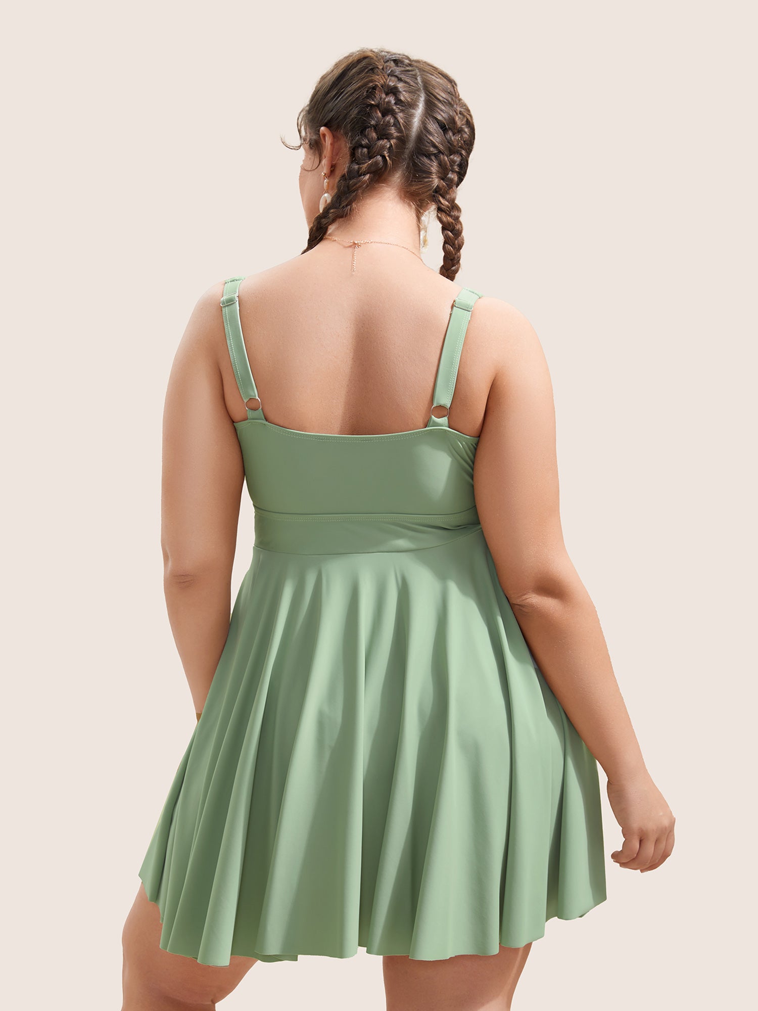 Solid Ruffles Gathered Adjustable Straps Swim Dress