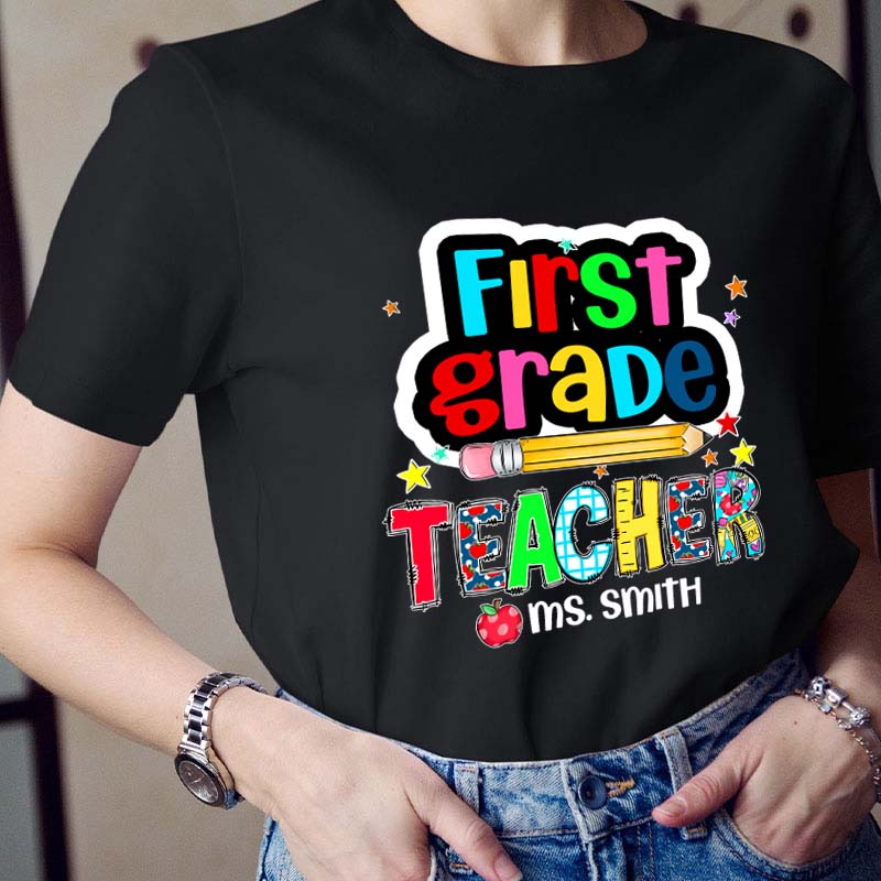 Personalized Grade And Name Color Pencil Stars Red Apple Teacher T-Shirt