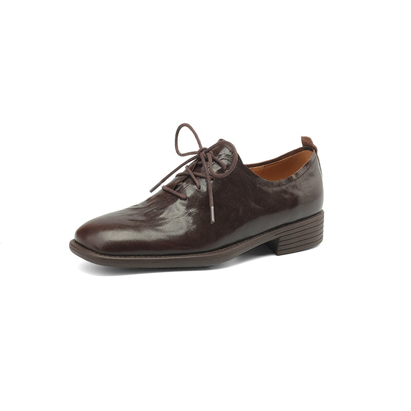 Retro Lace-Up Handmade Soft Leather Round Toe Oxford Shoes in Black/Brown