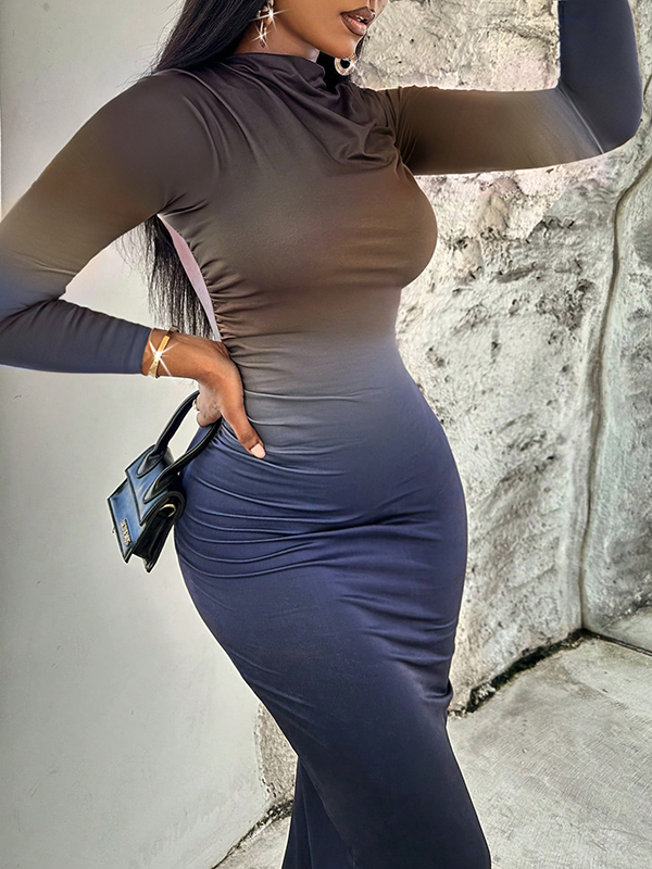 Bodycon High Waisted Contrast Color Gradient Split-Side Heaps Collar Maxi Dresses
