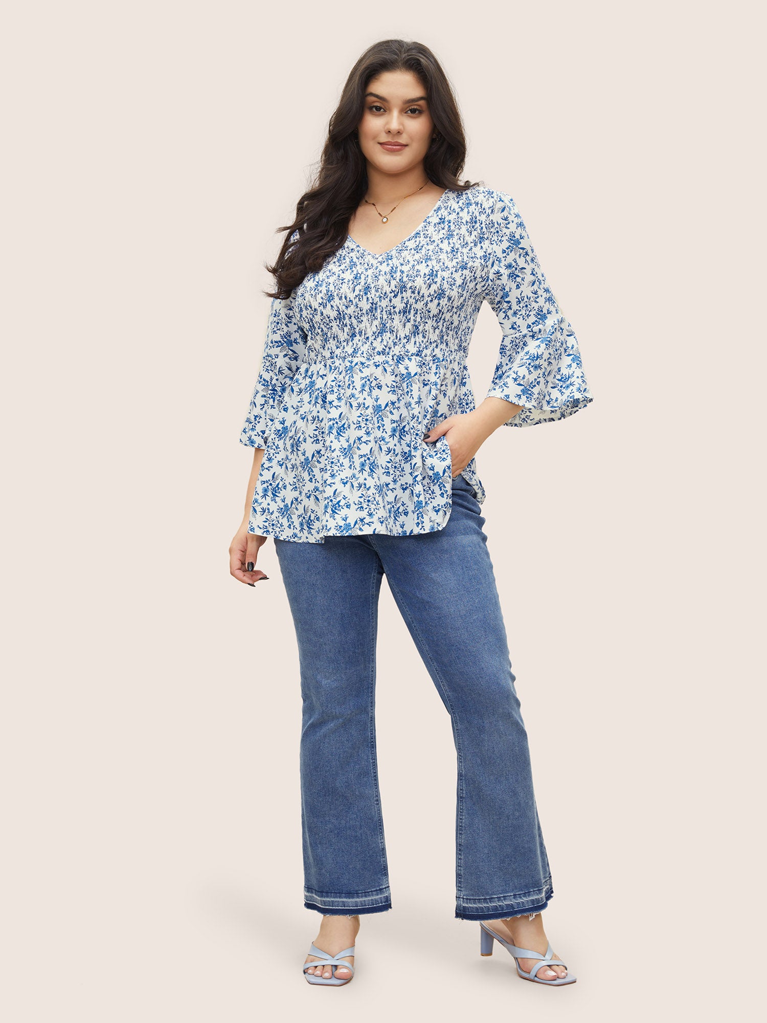 Ditsy Floral Shirred Ruffle Sleeve Blouse