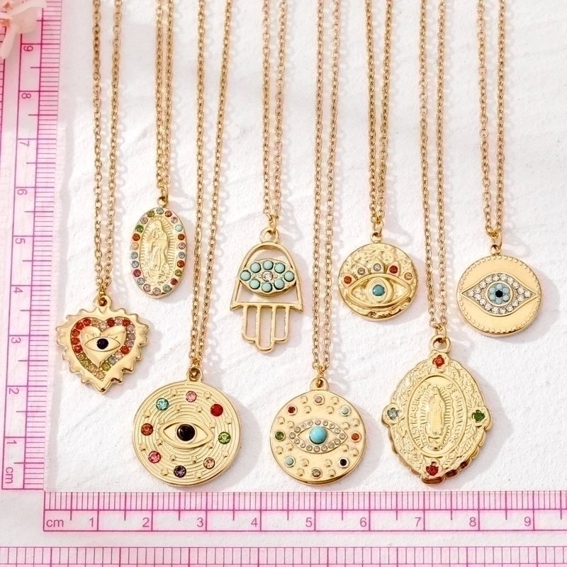 2 Pieces Ethnic Style Devil'S Eye  Heart Shape Stainless Steel Turquoise Rhinestones Inlay Pendant Necklace