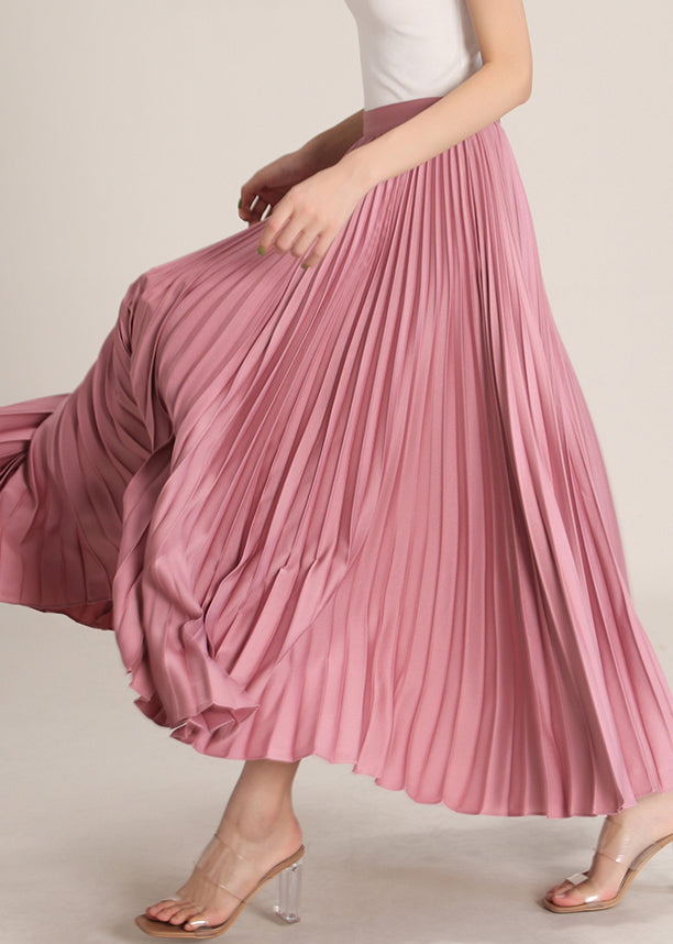 Pink Solid High Waist Silk Pleated Skirt Zippered Summer