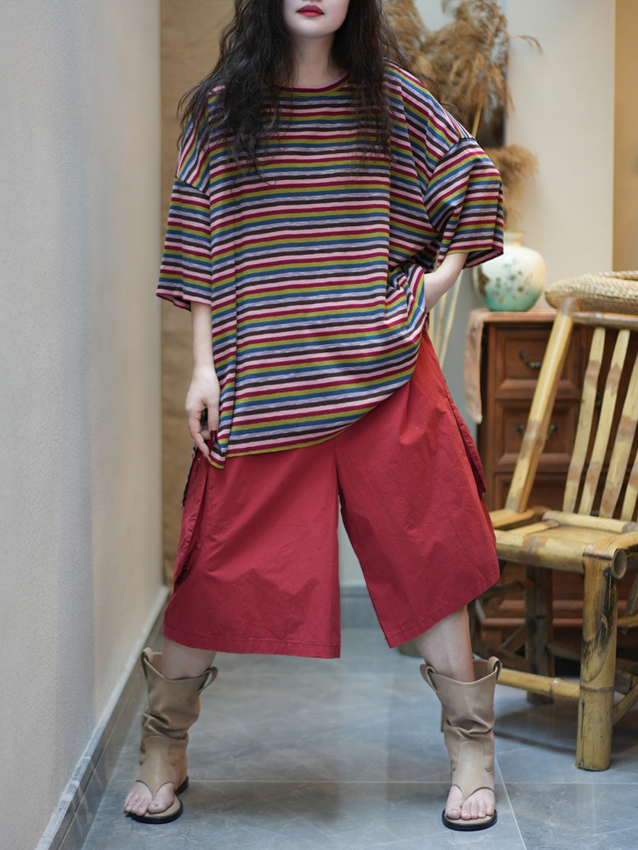 Women Summer Casual Stripe Cotton O-Neck Shirt