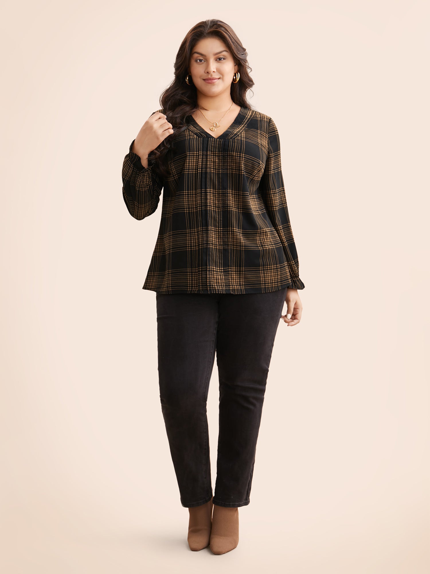 Plaid Pleated Lantern Sleeve Blouse