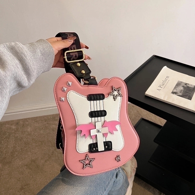 Women's Medium Pu Leather Star Wings Streetwear Guitar Type Zipper Crossbody Bag