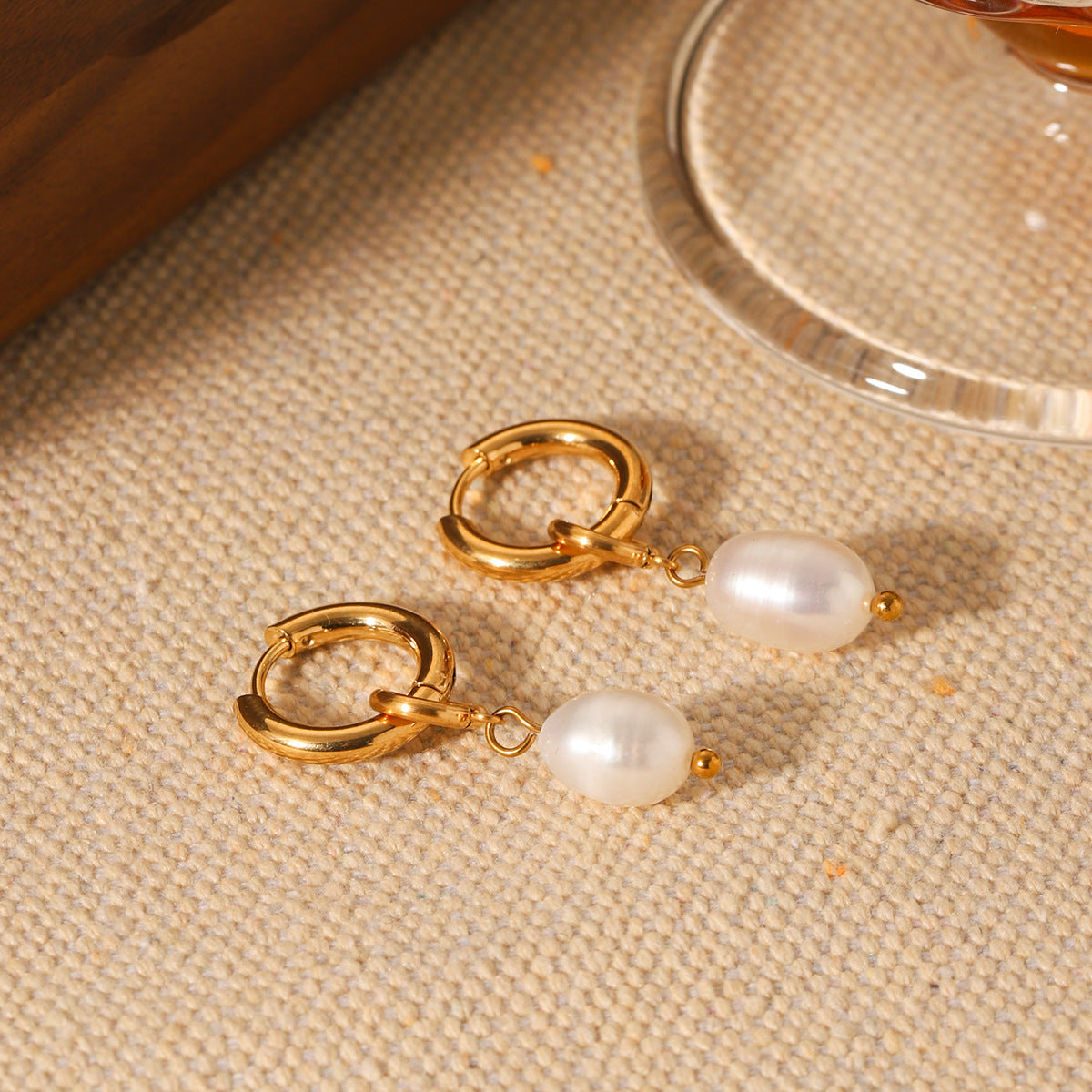 Ins Titanium Steel Earrings Female Freshwater Pearl Earrings Earrings Stainless Steel Earrings