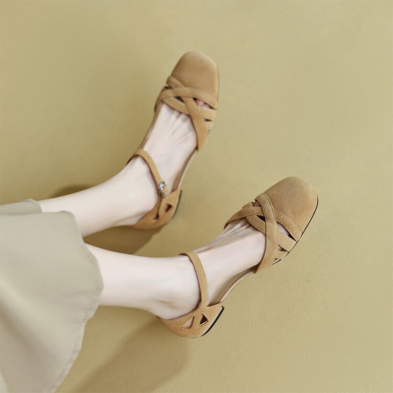 Block Heel Leather Gladiator Sandals in Green/Apricot