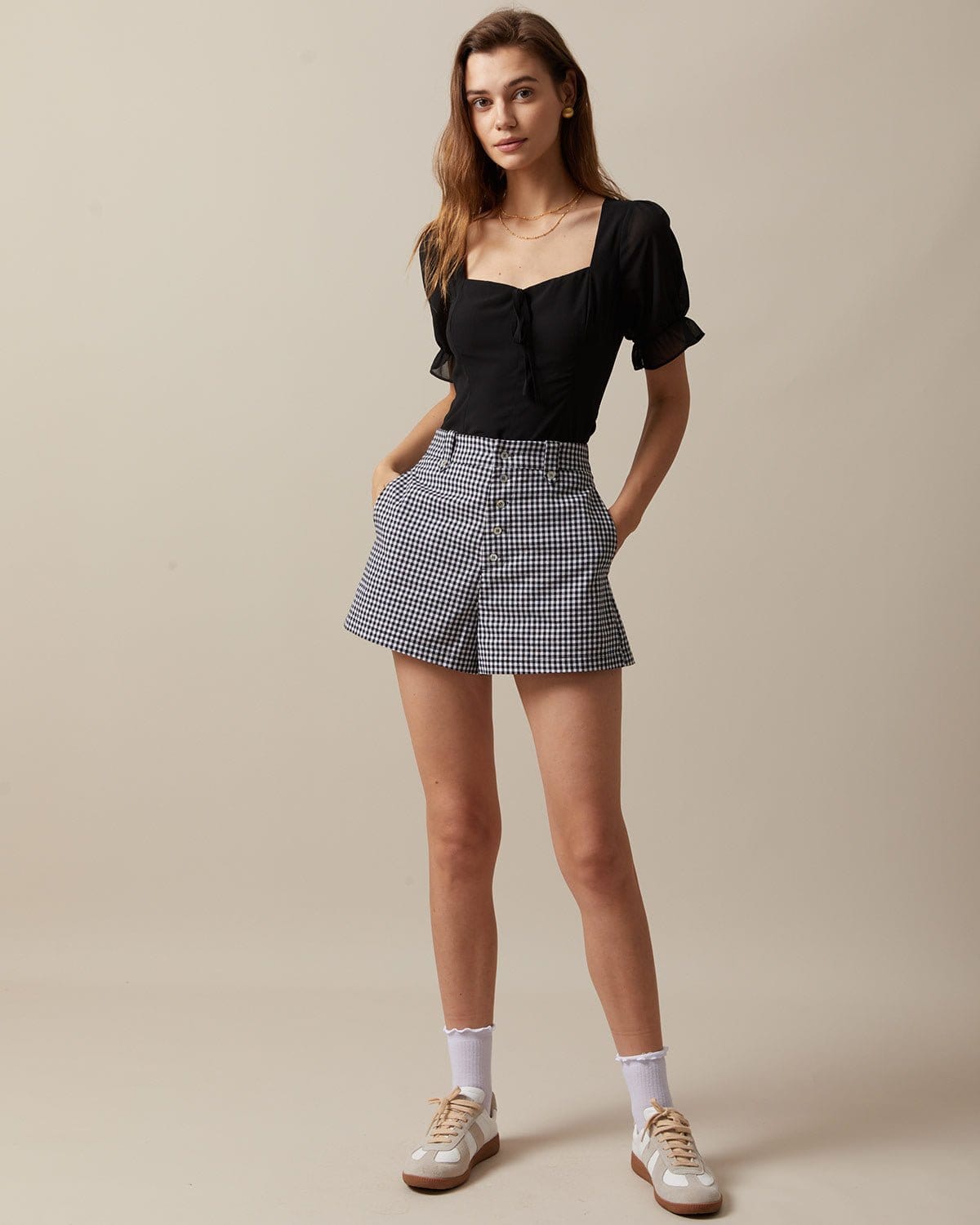 The Black High Waisted Button Up Plaid Shorts