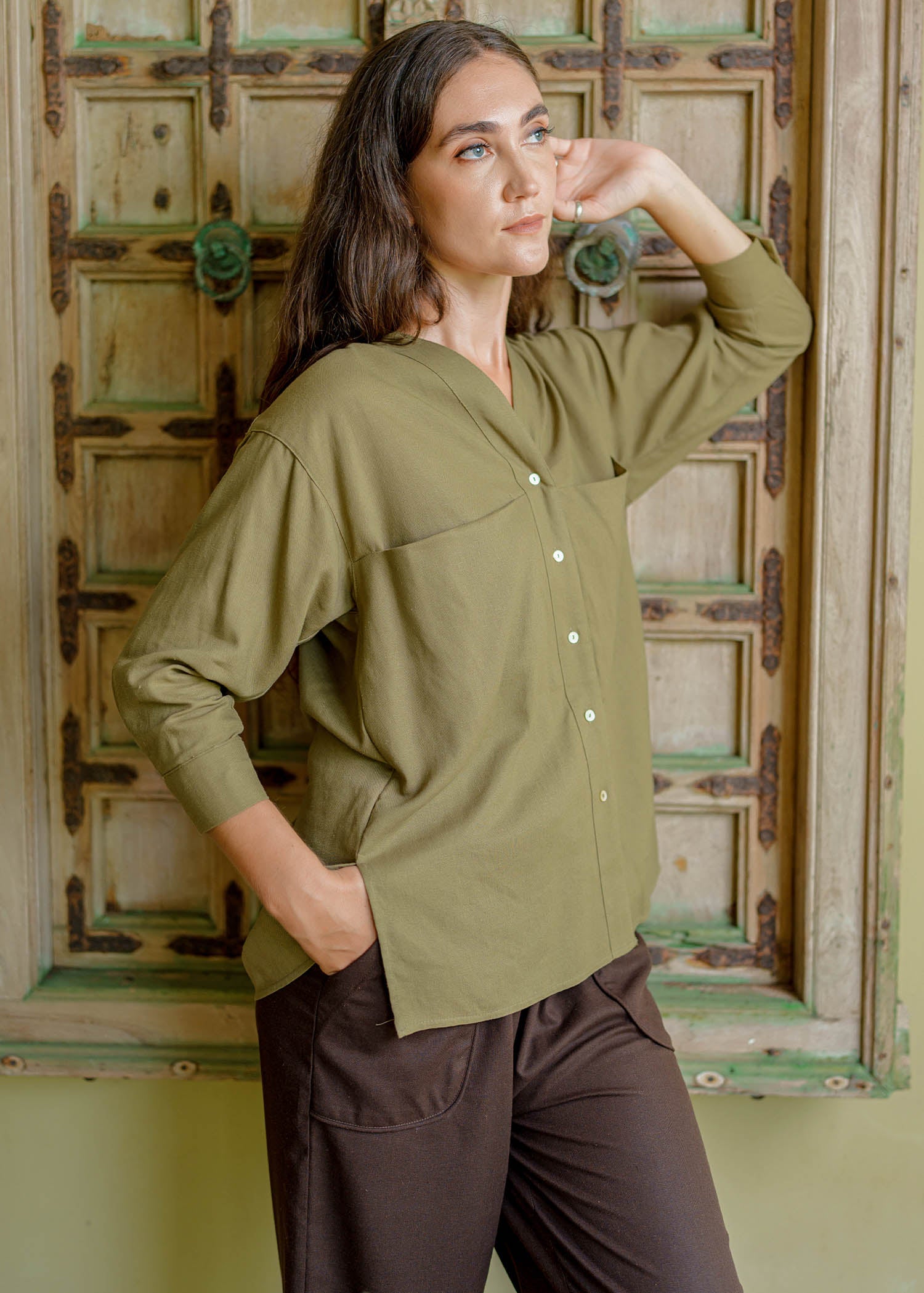 Button Down Blouse With Large Pockets