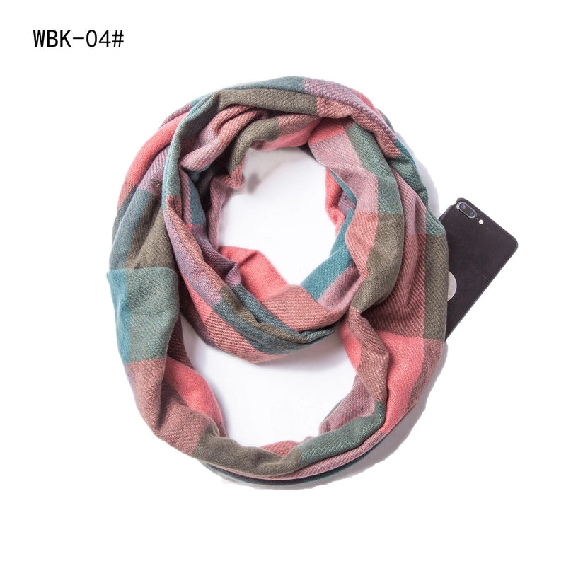 Hot Autumn And Winter New Scarf Men And Women Couple Thickened Pullover Plaid Zipper Pocket Scarf