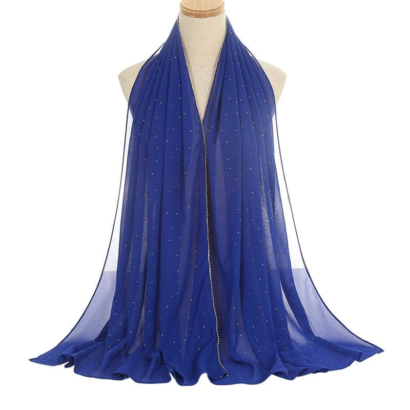 New Rhinestone Chain Pearl Chiffon Long Scarf Casual Diamond Headscarf Scarf Scarf Women's Scarf