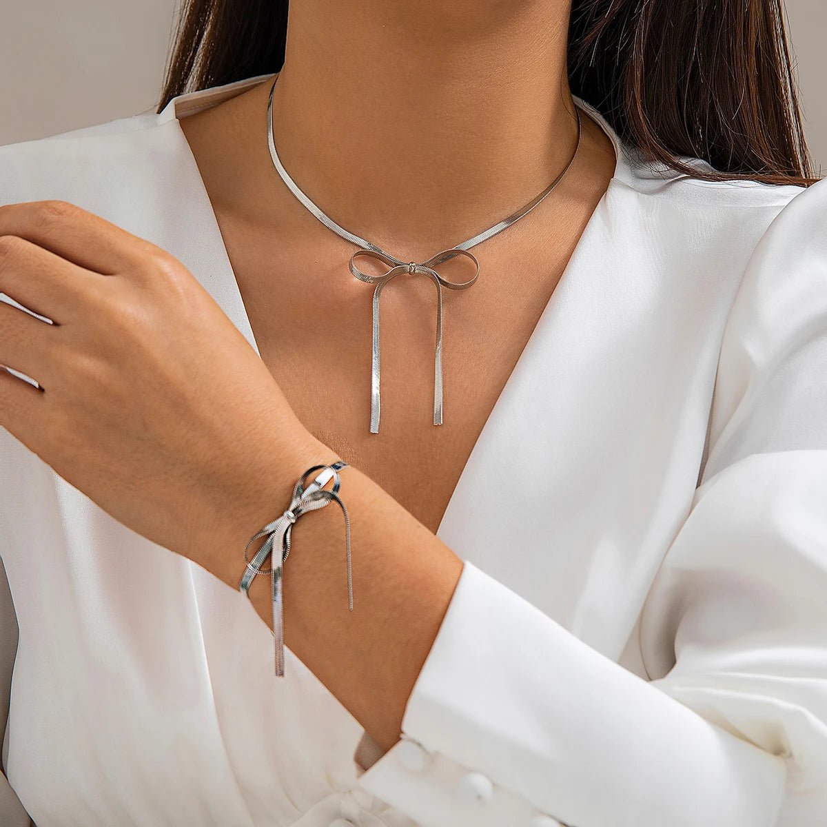 Herringbone Chain Bow Necklace and Bracelet Set