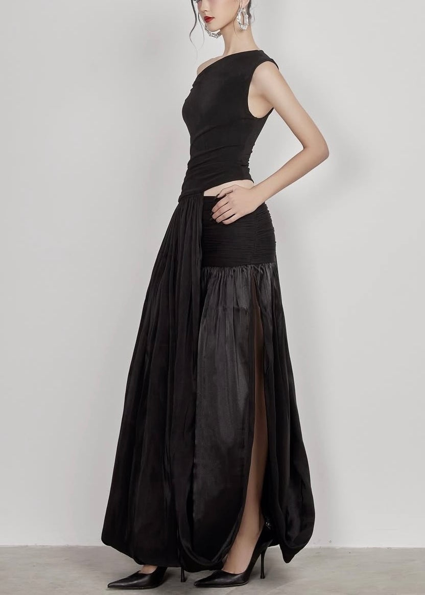 Black Side Open Solid Cotton Long Dress Cold Shoulder Sleeveless