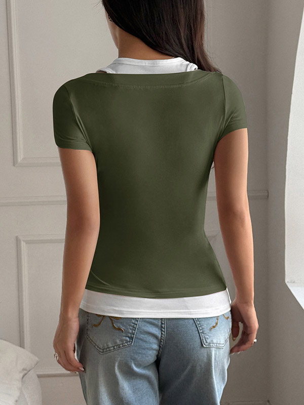 False Two Short Sleeves Buttoned Contrast Color Halter-Neck T-Shirts Tops