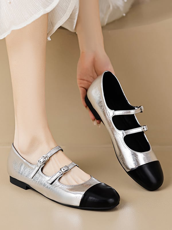 Belt Buckle Round-Toe Split-Joint Flat Shoes Mary Janes
