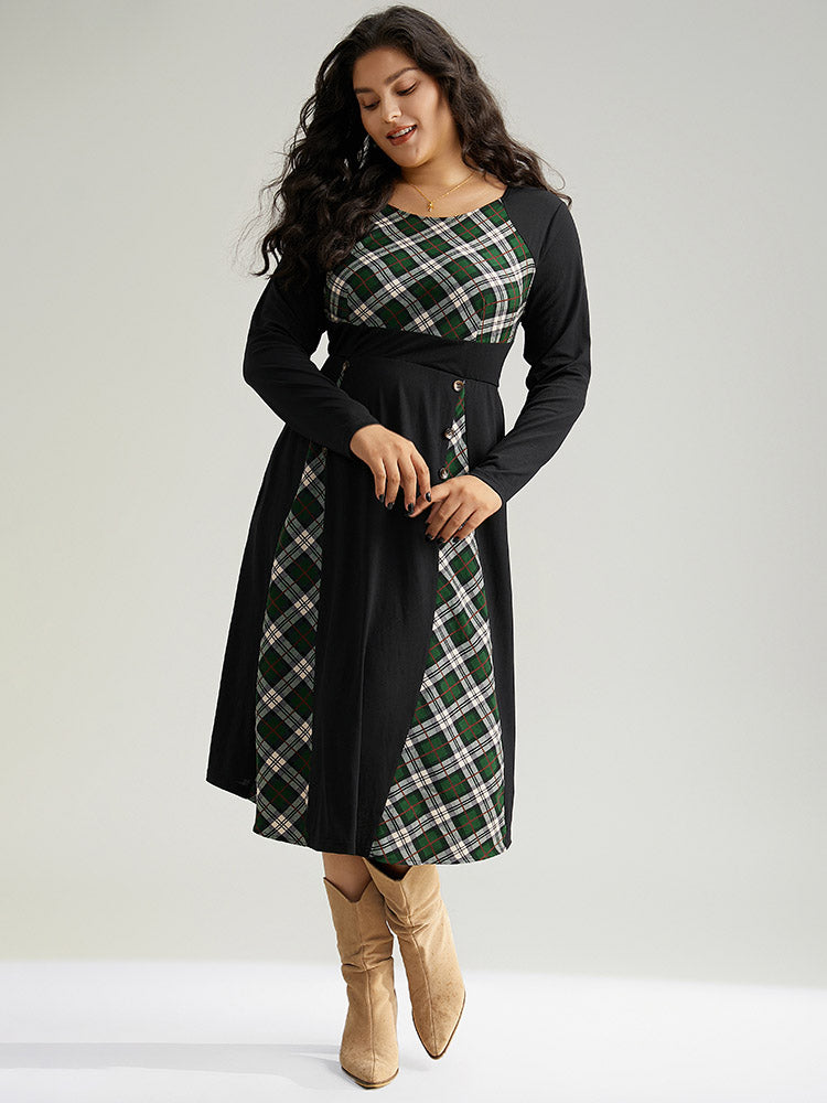 Christmas Plaid Patchwork Button Detail Dress