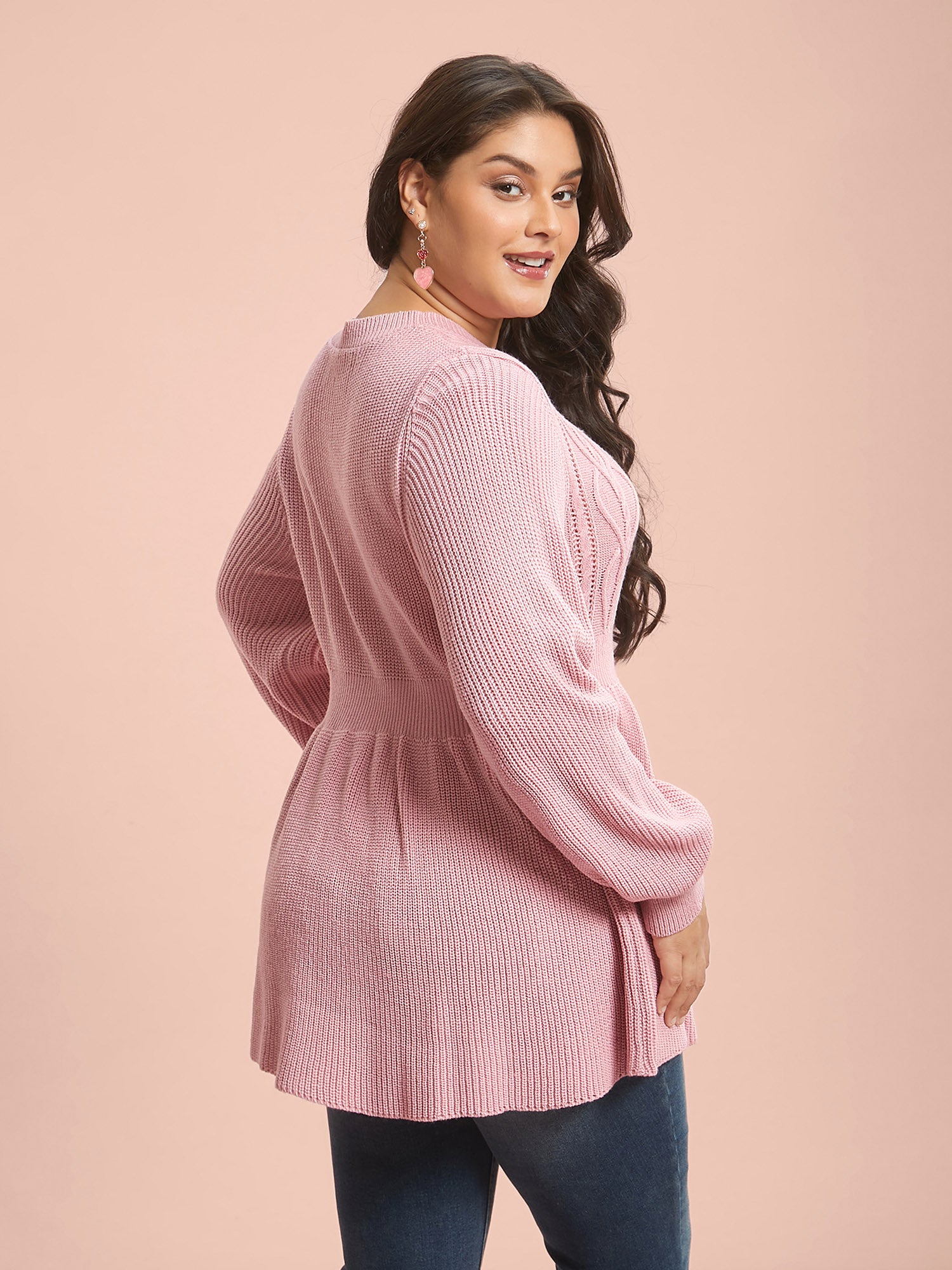 Textured Cable-Knit Waist Cinched Pullover