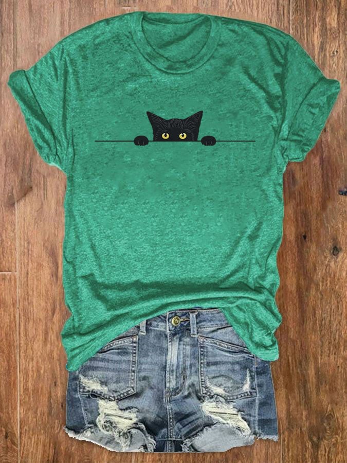 Women's Black Cat Print Crew Neck T-Shirt