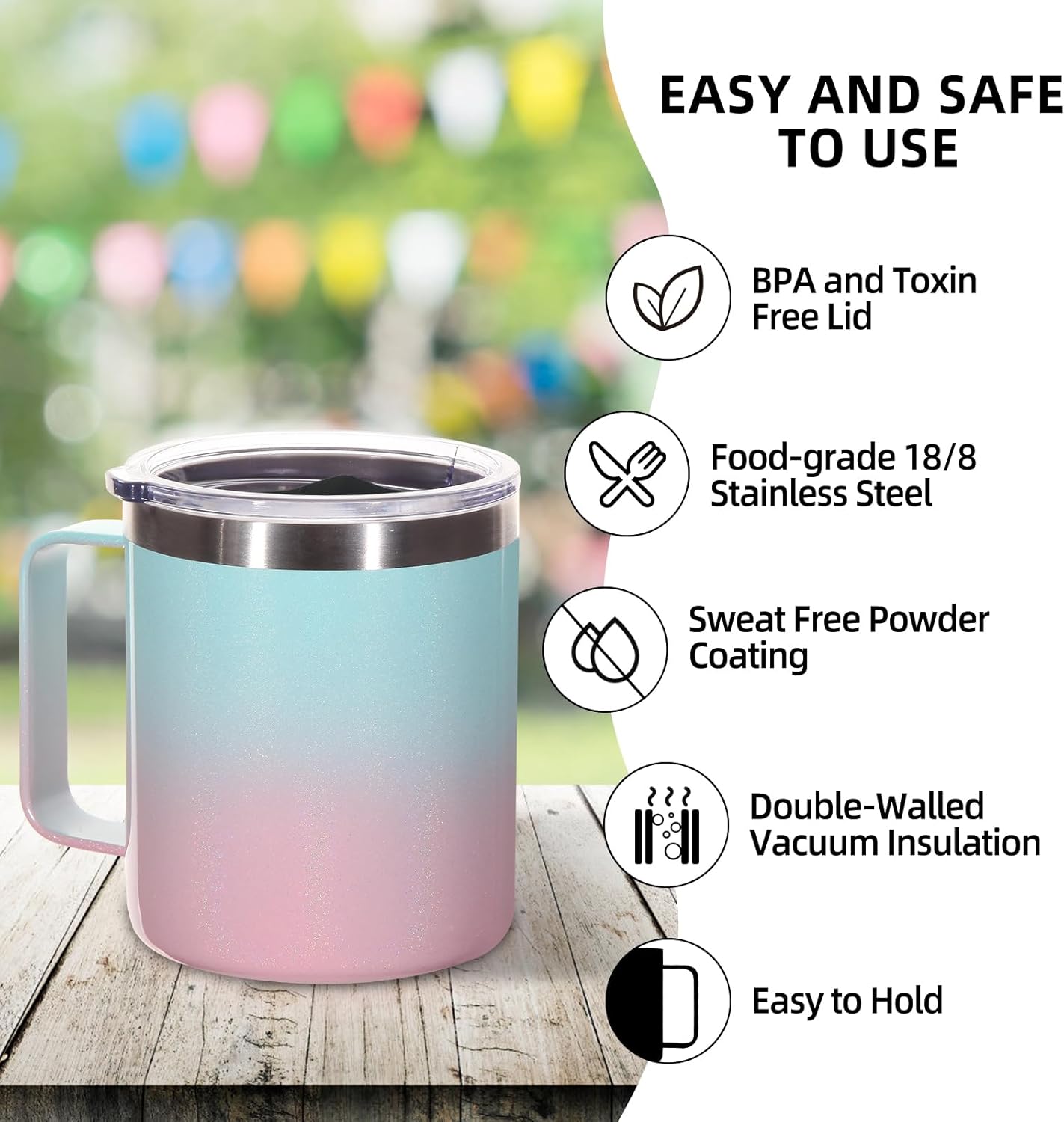 Volhoply 14oz Insulated Stainless Steel Coffee Mug with Leakproof Lid,Double Wall Vacuum Travel Coffee Cup with Handle,Reusable Metal Tumbler,Camping Mugs Keep Hot/Cold,Christmas Gifts(Black,1