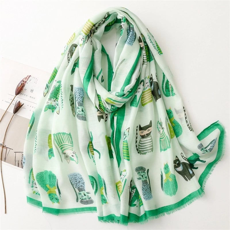 Broadcast Cute Kitten Paradise Printed Silk Scarf Satin Cotton Long Scarf Spring And Autumn Sunscreen Travel Scarf