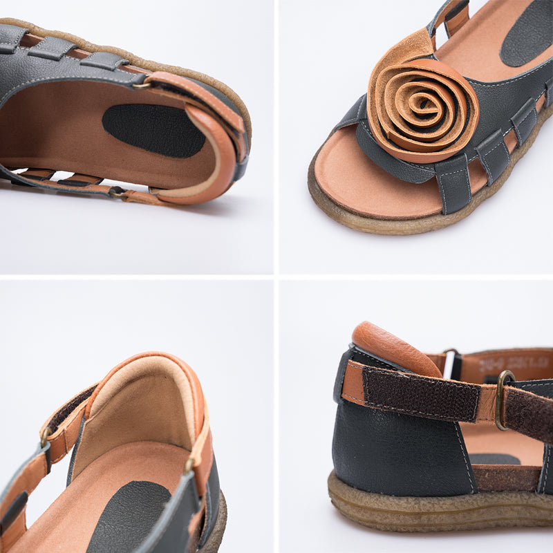Women's Leather Hollow Sandals Flat with Handmade Flower