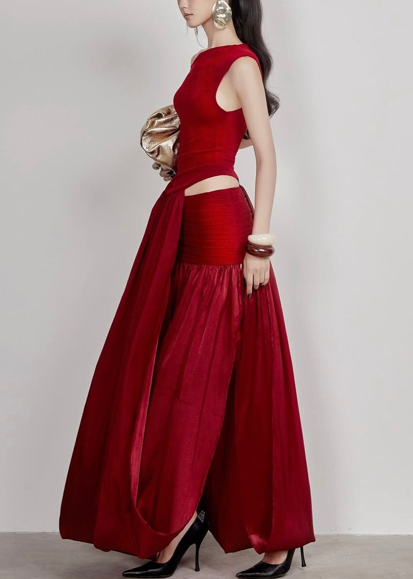 Stylish Red Wrinkled Hollow Out Cotton Long Dress Sleeveless