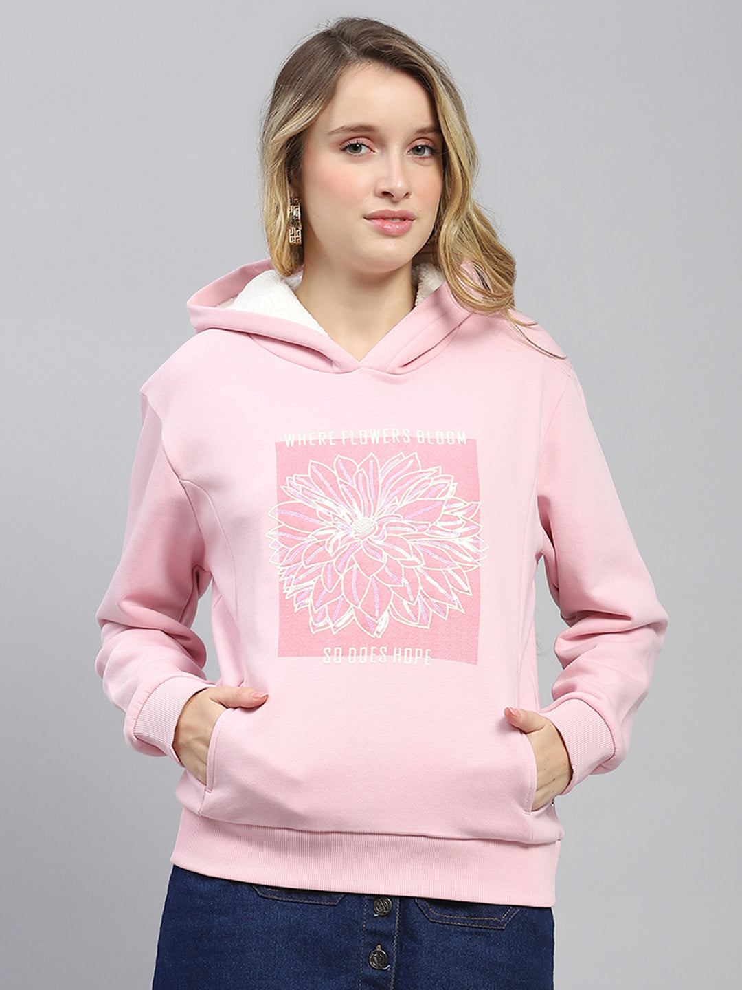 Women Pink Printed Hooded Full Sleeve Sweatshirt