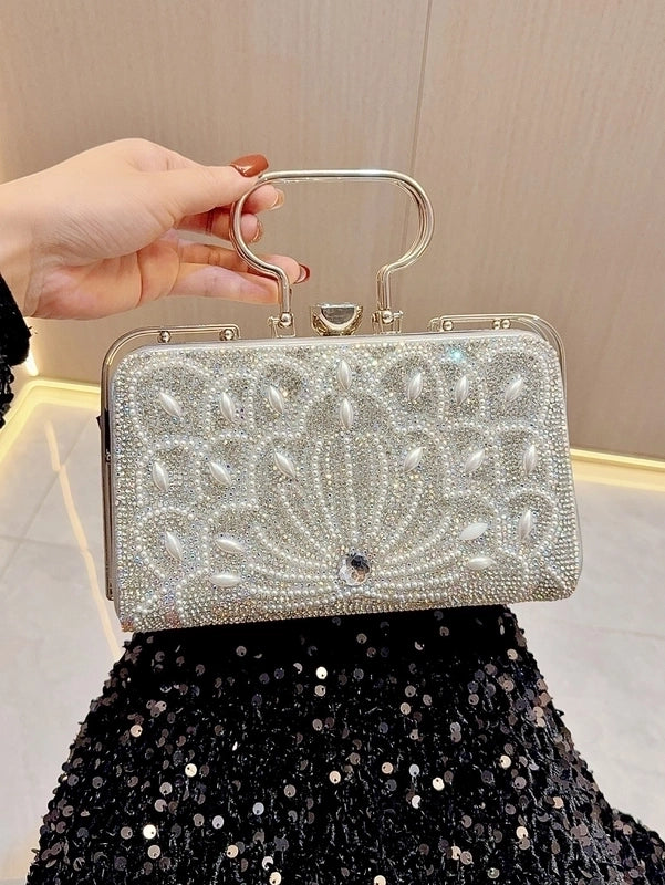 Gold Silver Black Pu Leather Solid Color Pearls Square Evening Bags