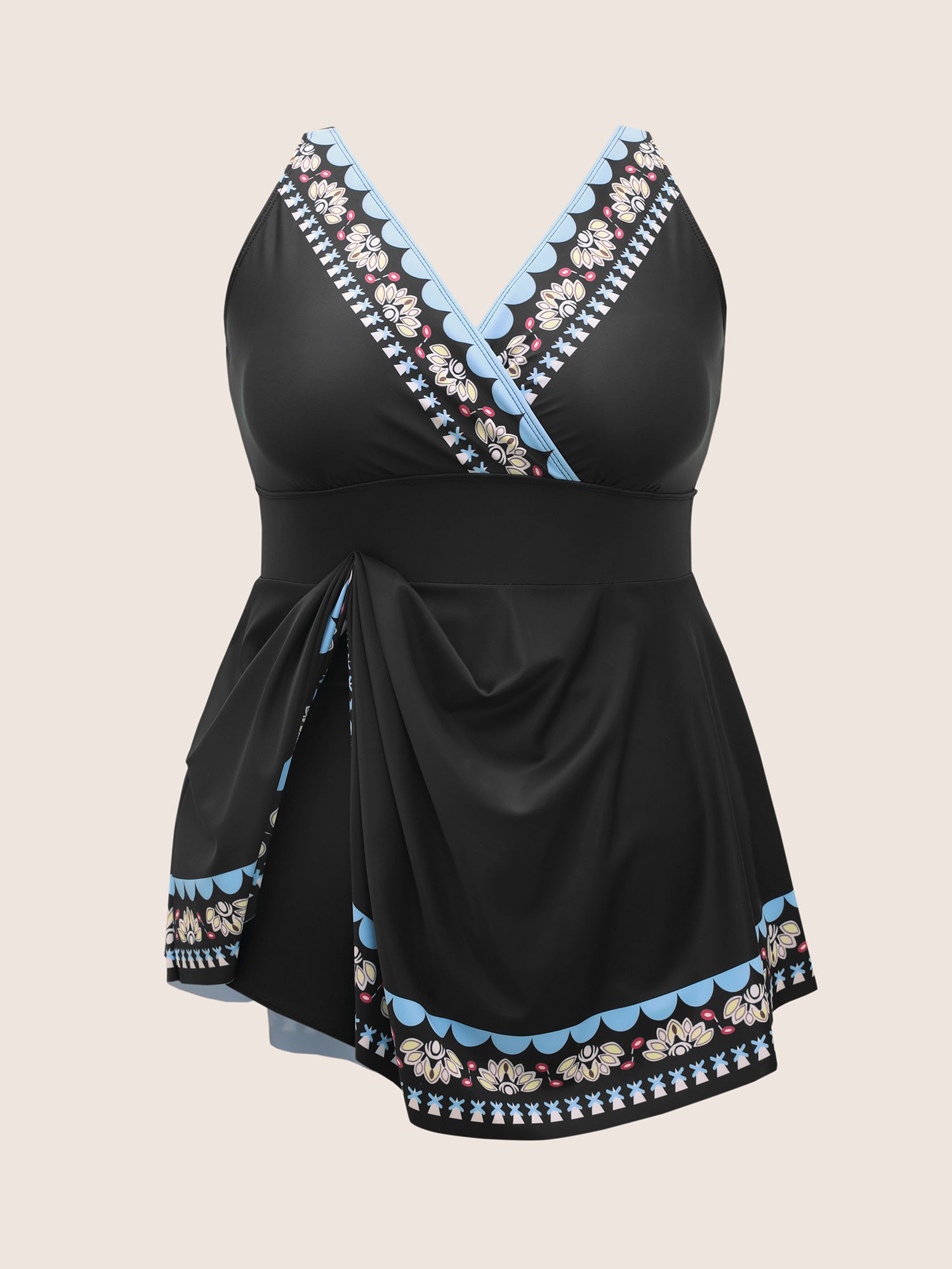 Overlap Collar Boho Print Hanky Hem Swim Dress