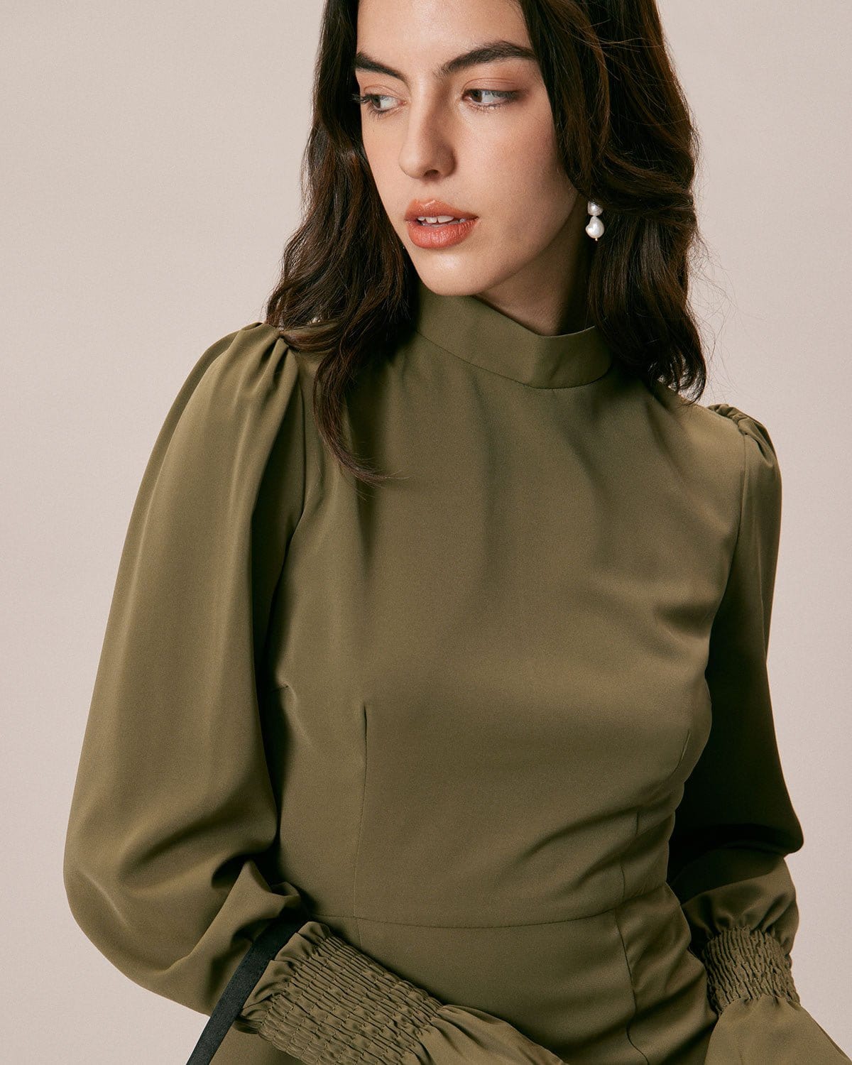 The Army Green Mock Neck Ruffle Midi Dress