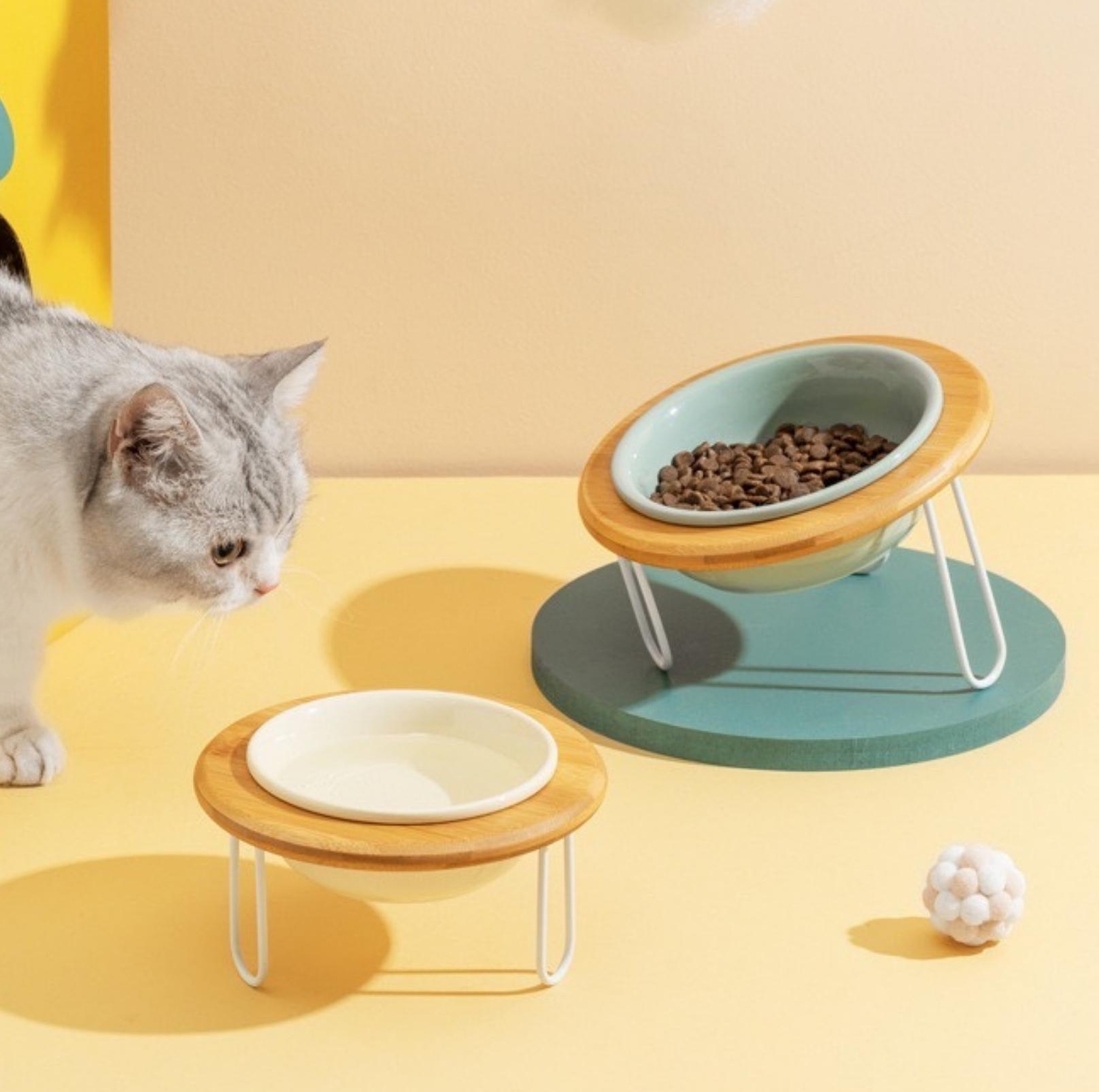 Height-Adjustable Ceramic Cat Bowls Small Dog Bowls with Bamboo Round Frame