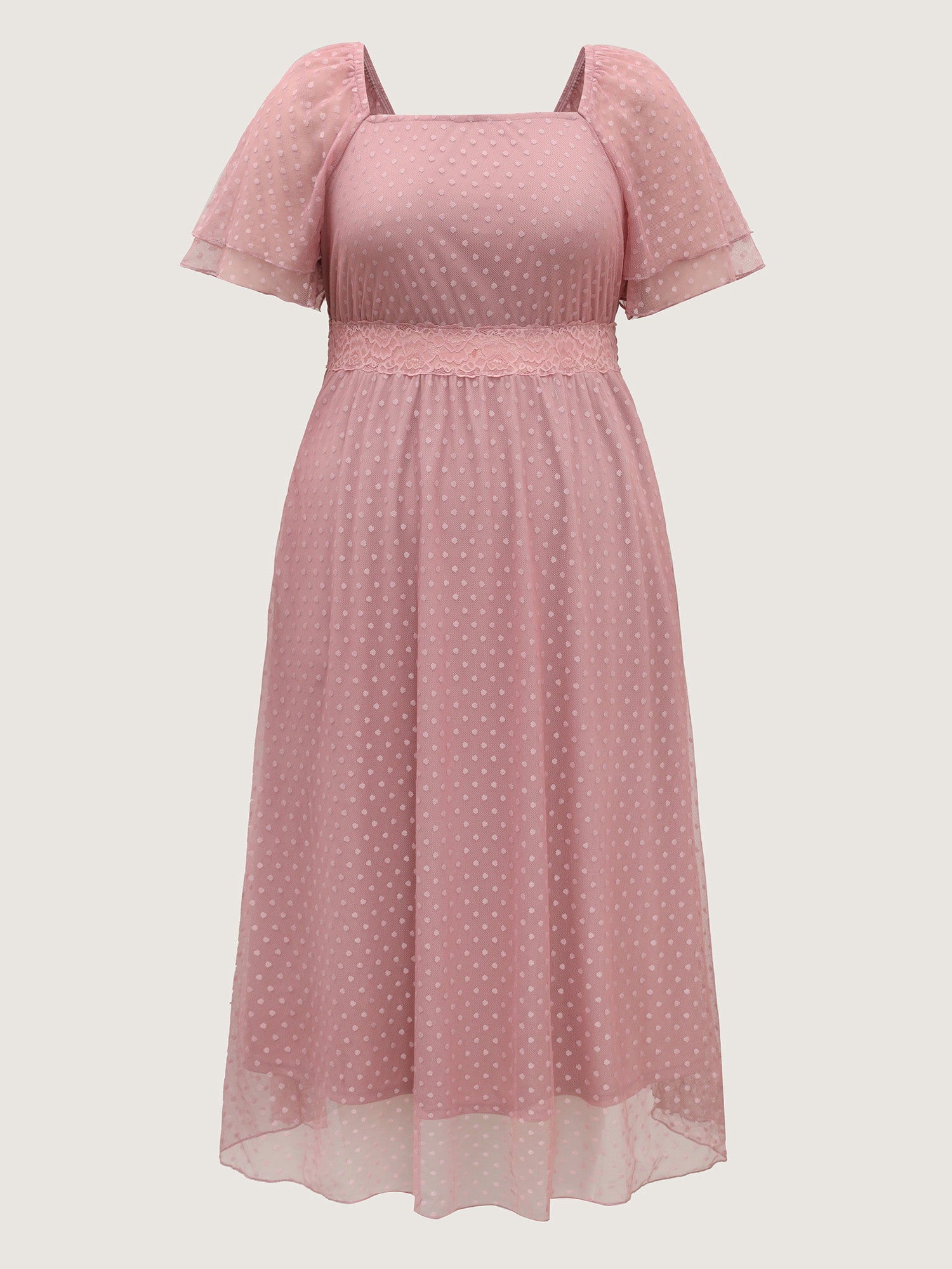 Textured Dot Lace Trim Midi Dress