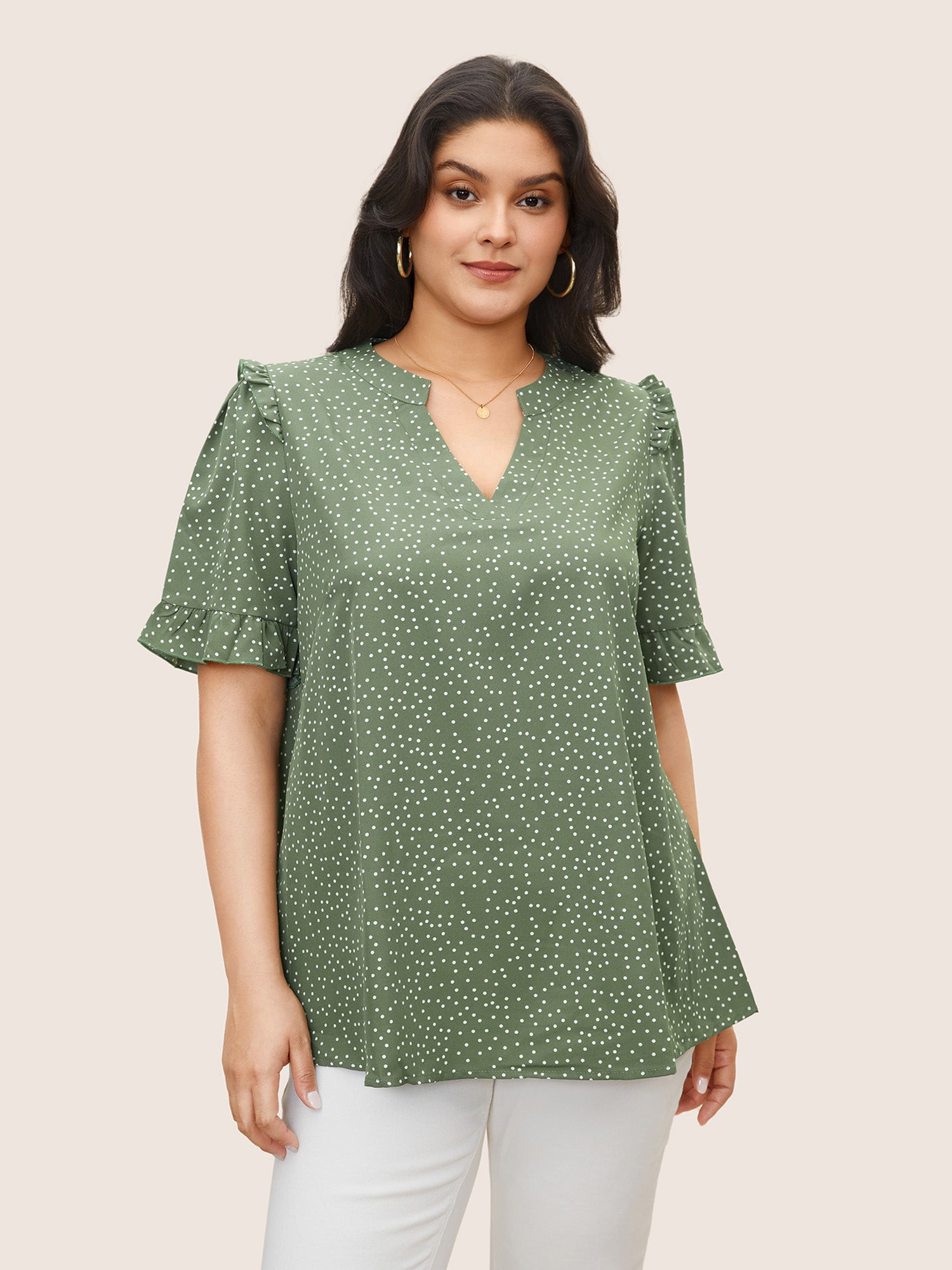 Polka Dot V Neck Ruffle Trim Blouse