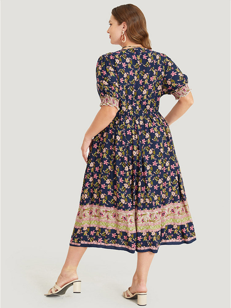 Bandana Print Surplice Neck Pocket Shirred Puff Sleeve Dress