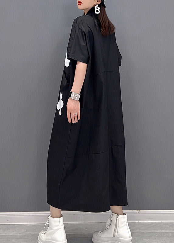 Black Floral Patchwork Pockets Button Cotton Dress Short Sleeve Summer