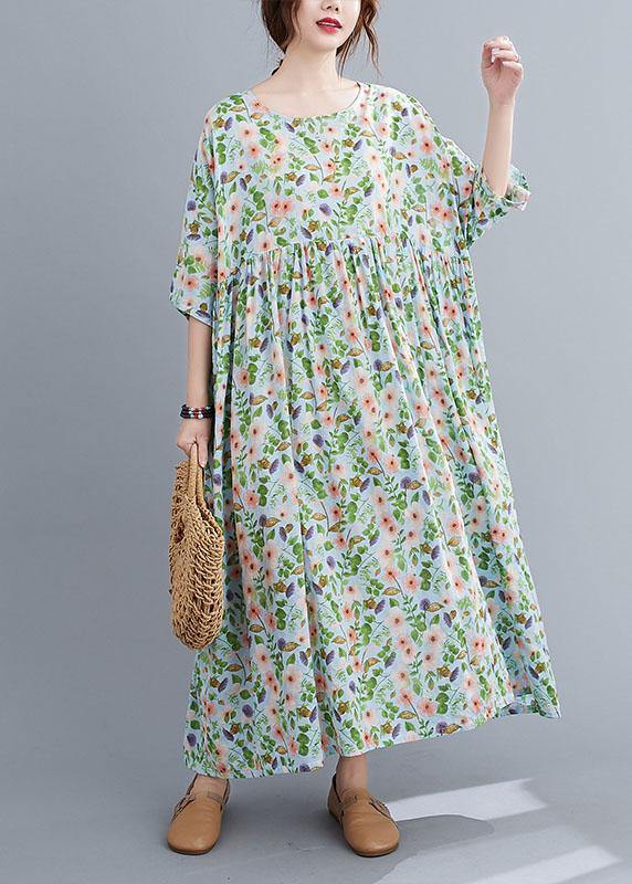 Bohemian Light Green O-Neck Patchwork Print Summer Dress Half Sleeve