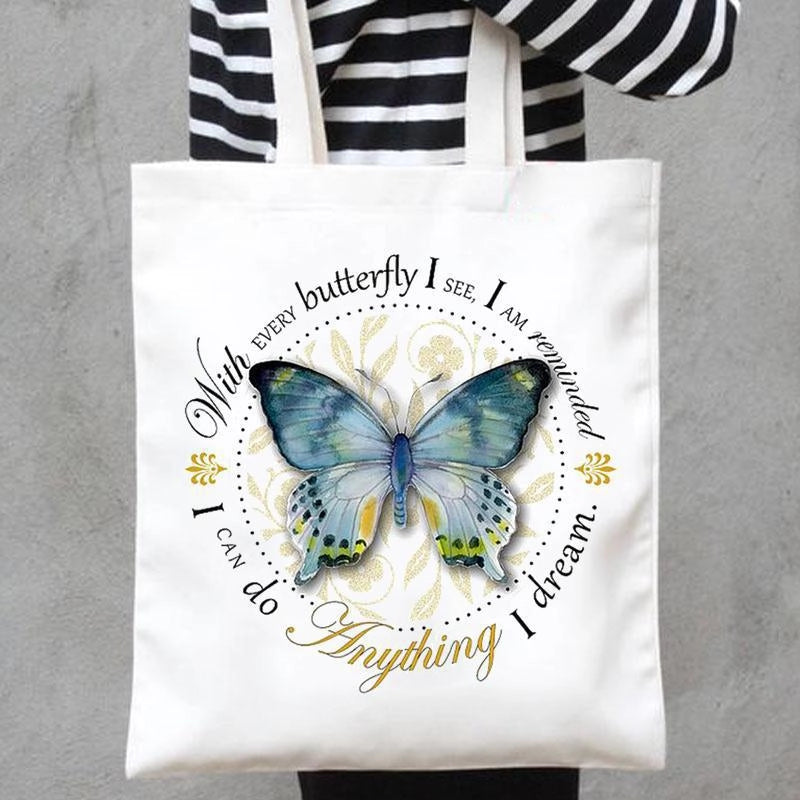 Women's Canvas Printing Heart Shape Butterfly Streetwear Square Open Canvas Bag