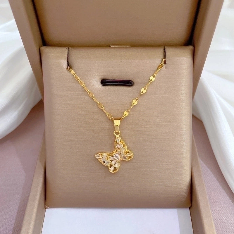 2 Pieces Fashion Heart Shape Butterfly Titanium Steel Copper Inlay Artificial Diamond Pendant Necklace