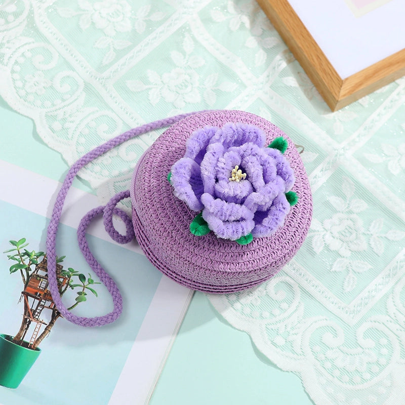 Women's Small Straw Solid Color Flower Vacation Beach Weave Round Zipper Straw Bag