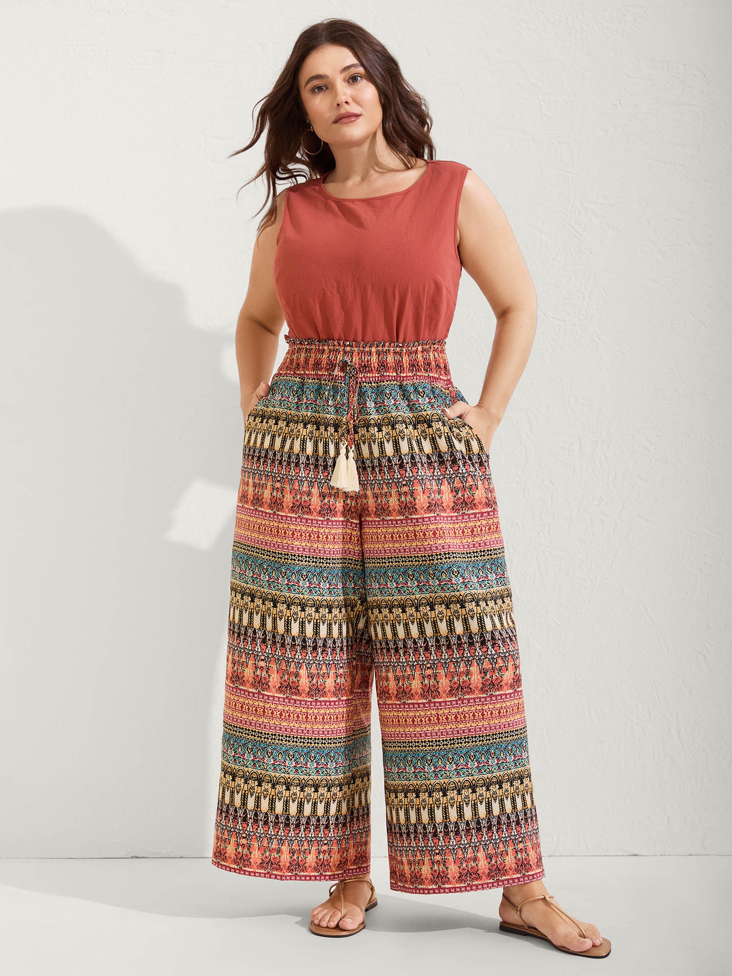 Boho Stripes Wide-Leg Shirred Pants