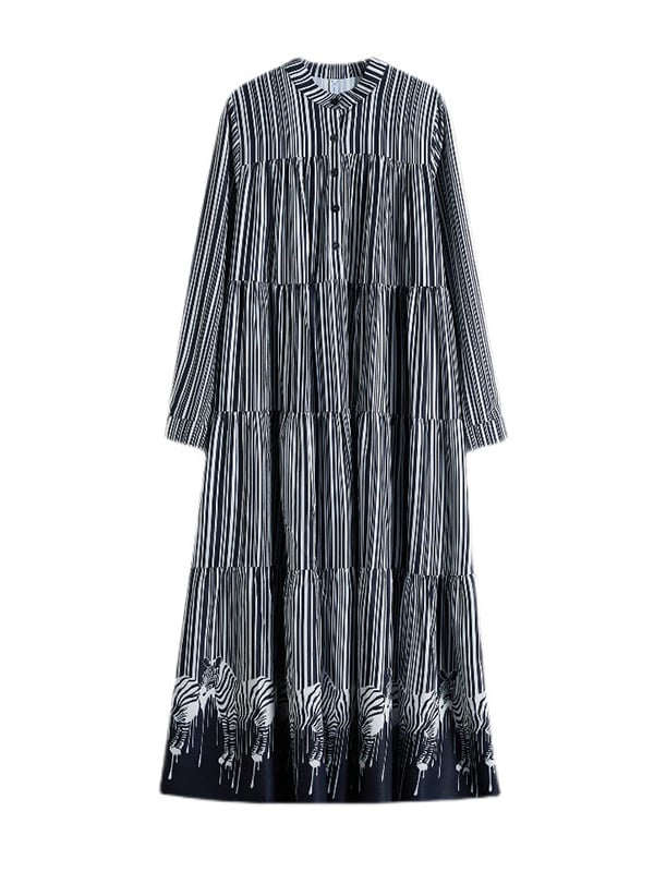 Vintage Loose Striped Buttoned Stand Collar Long Sleeves Midi Dress