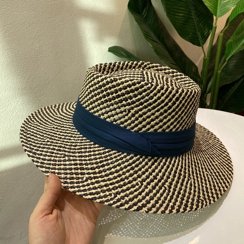 Women's Retro French Style Color Block Straps Wide Eaves Straw Hat