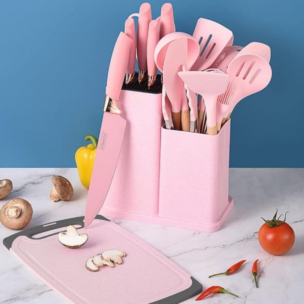 19 PCs Silicon Cooking & Knife Set With Board-13941Solid Pink