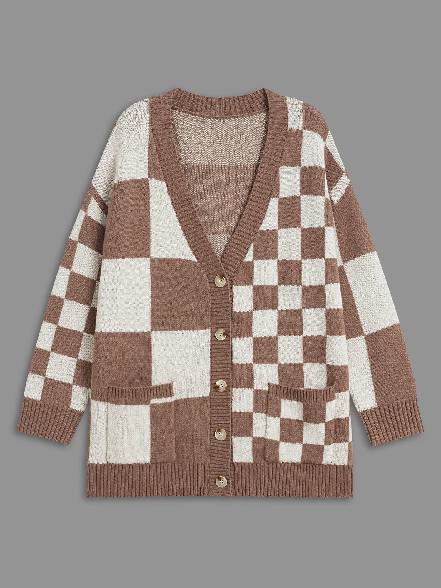 Checkered V-Neck Button Front Knit Cardigan